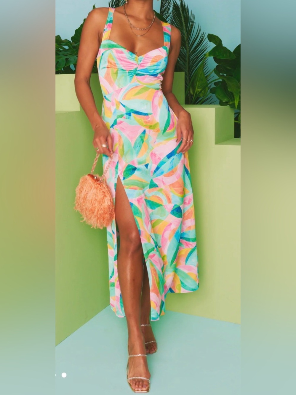 Show me your mumu mina Midi Dress with Side Slit - Pink Multi